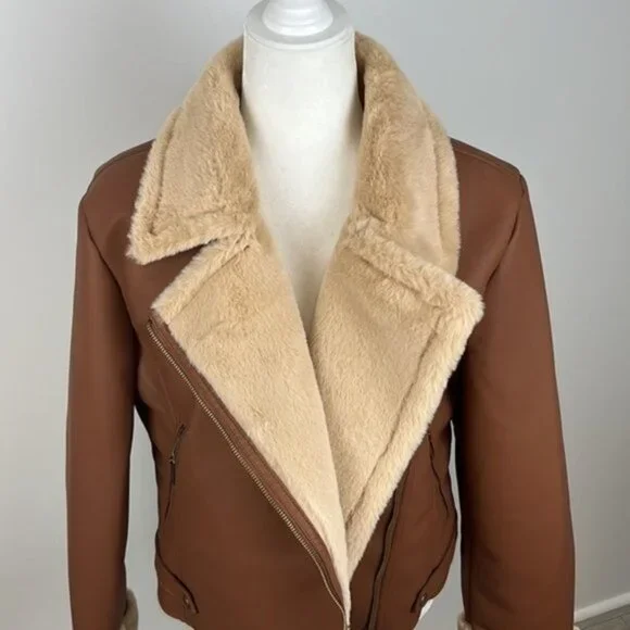 a.n.a. Brown Imitation Leather Coat with Faux Fur Size Large NWT - Picture 2 of 14